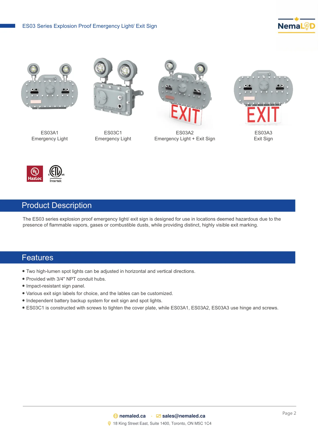 ES03 Emergency Light / Exit Sign spec sheet — page 2 of 10