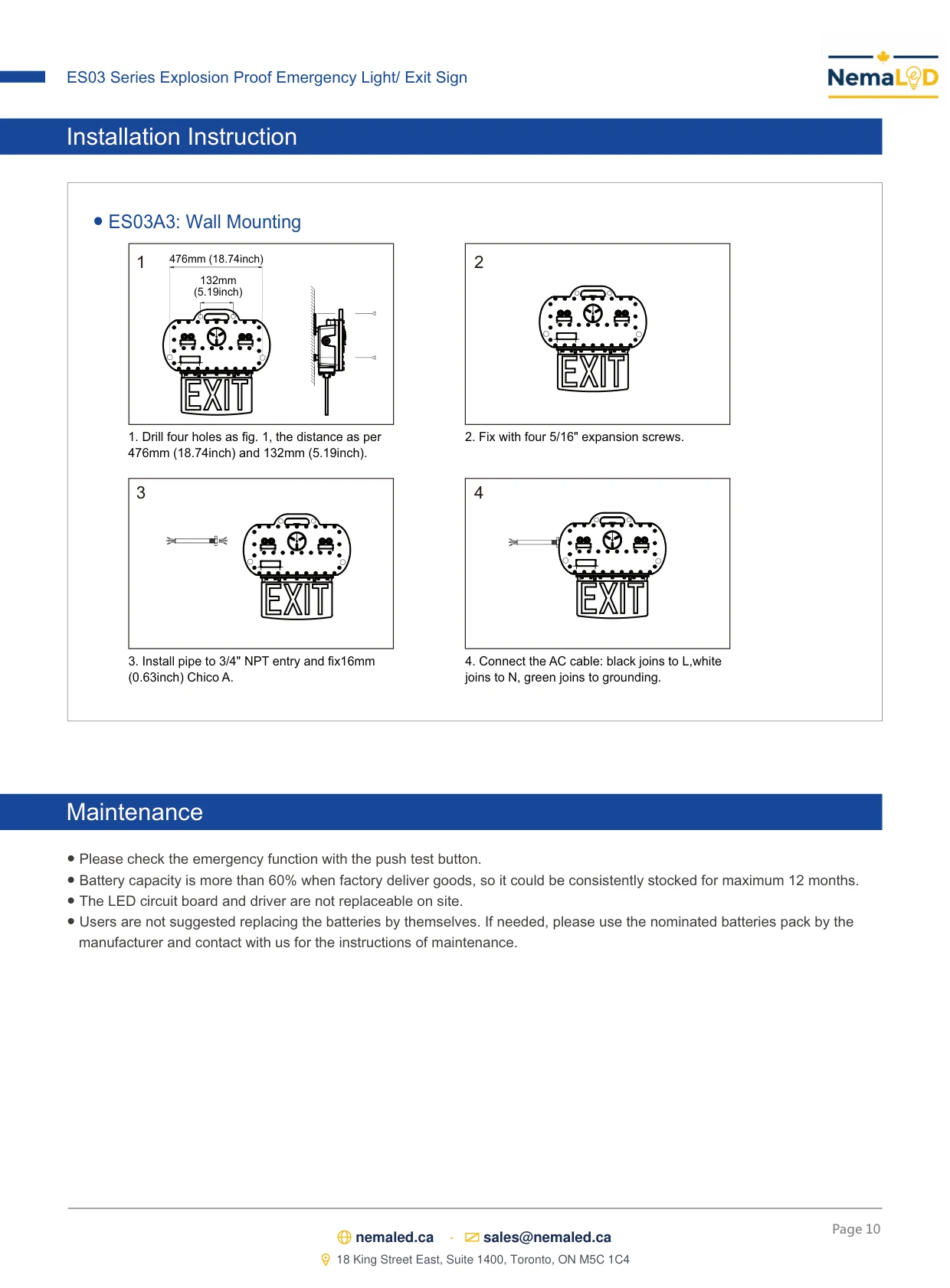ES03 Emergency Light / Exit Sign spec sheet — page 10 of 10