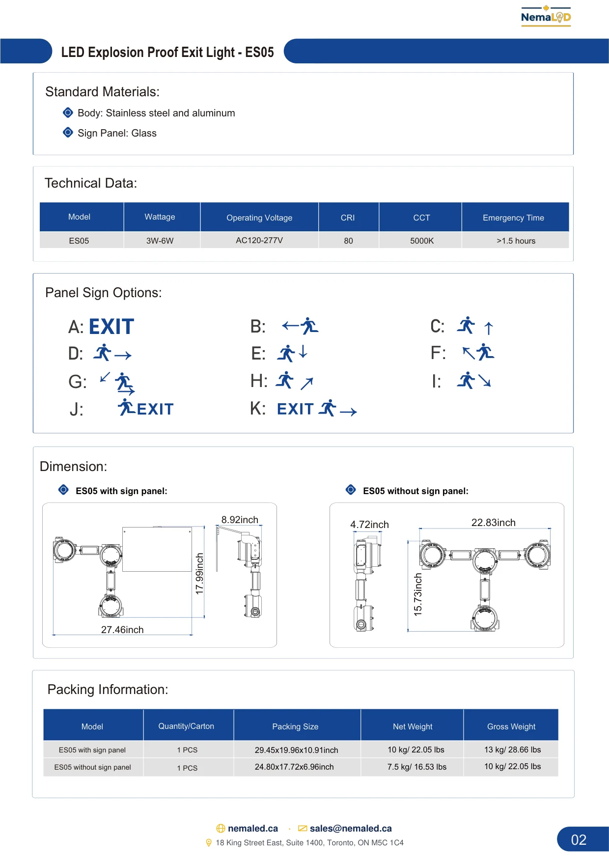 ES05 Exit Sign spec sheet — page 3 of 4