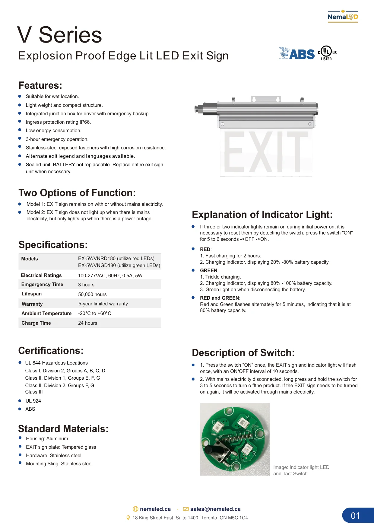 V-Series Exit Sign spec sheet — page 2 of 3