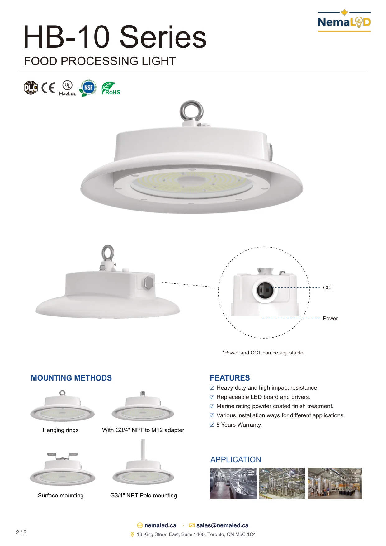 HB-10 IP69K Food Processing High Bay spec sheet — page 2 of 5
