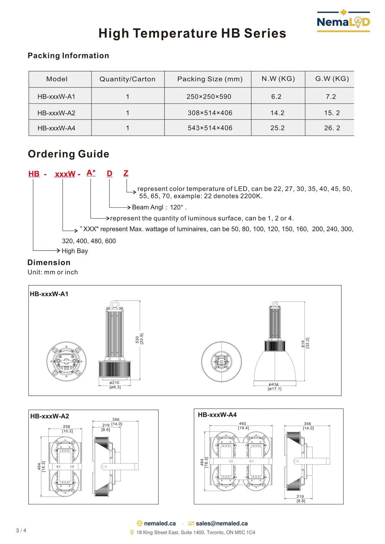 HB-A High-Temperature High Bay spec sheet — page 3 of 4
